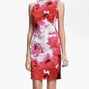 St. John Sheath Floral Chrysanthemum Dress Red Pockets Above Knee Luxury NWT